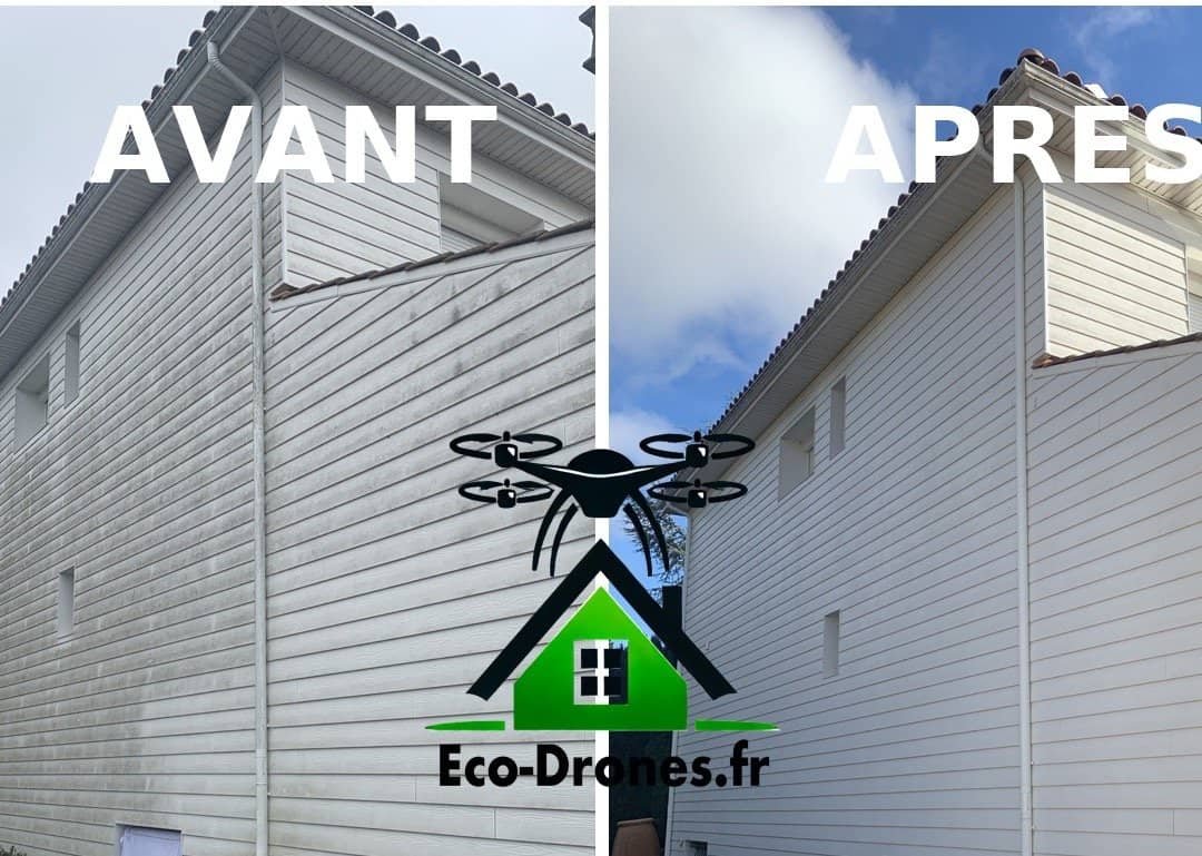 Avant après nettoyage de façade par Eco Drones en Nouvelle-Aquitaine