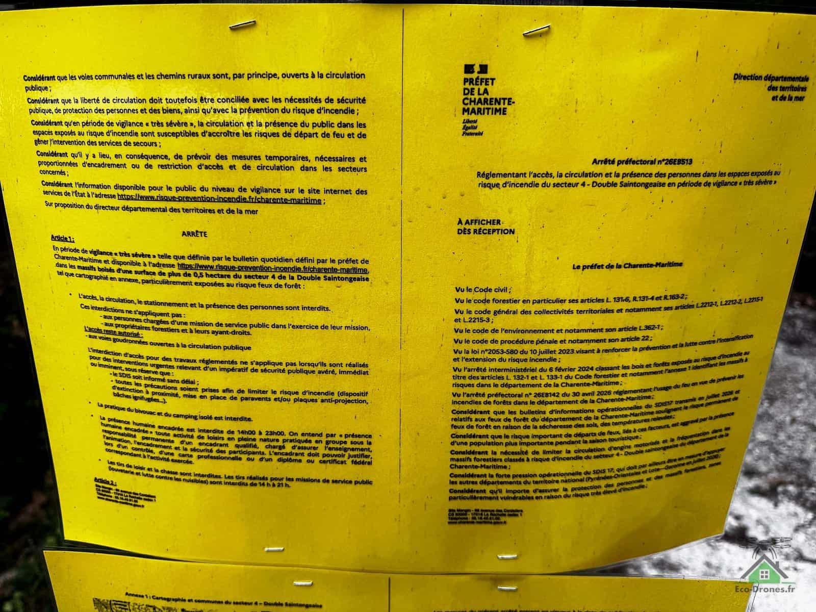 Affiche de l'arr&ecirc;t&eacute; pr&eacute;fectoral 26EB513 de fermeture des massifs forestiers de Charente-Maritime