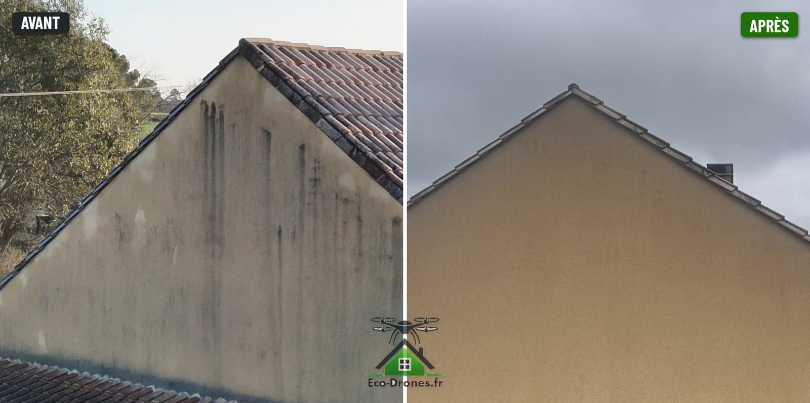 Avant / après — pignon de maison nettoyé par drone en Nouvelle-Aquitaine