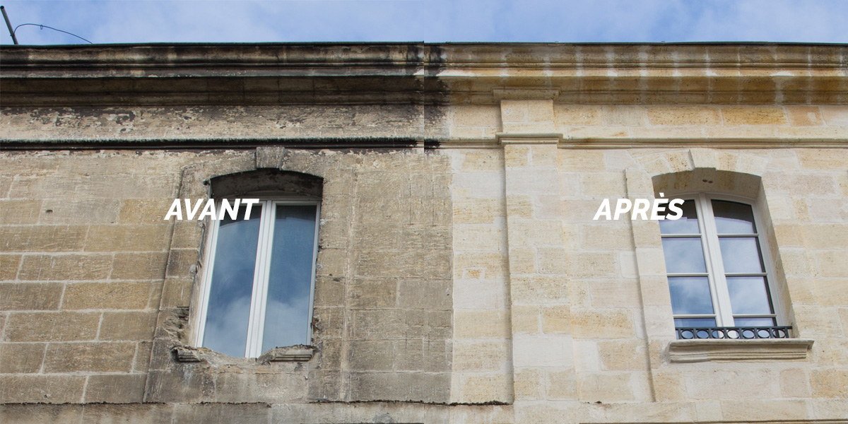 Nettoyage vapeur basse pression d'une façade en pierre, avant et après — Eco Drones, Nouvelle-Aquitaine