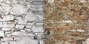Nettoyage vapeur basse pression d'un mur en pierre, avant et après — Eco Drones, Nouvelle-Aquitaine