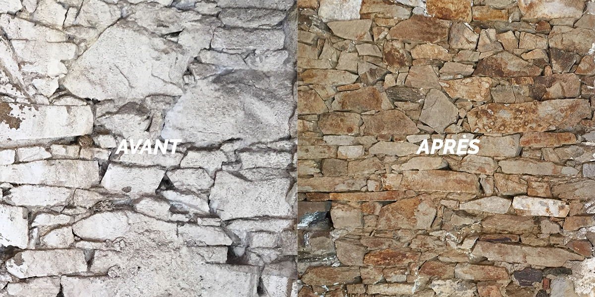 Nettoyage vapeur basse pression d'un mur en pierre, avant et après — Eco Drones, Nouvelle-Aquitaine