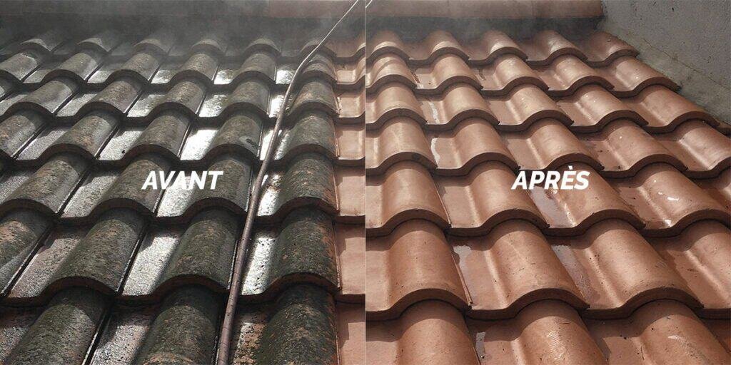 Toiture en tuiles avant et après un nettoyage vapeur basse pression par Eco Drones