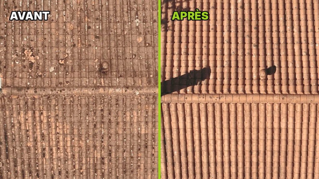 Démoussage de toiture par drone : tuiles couvertes de mousses et lichens avant, toiture propre après — Eco Drones, Nouvelle-Aquitaine