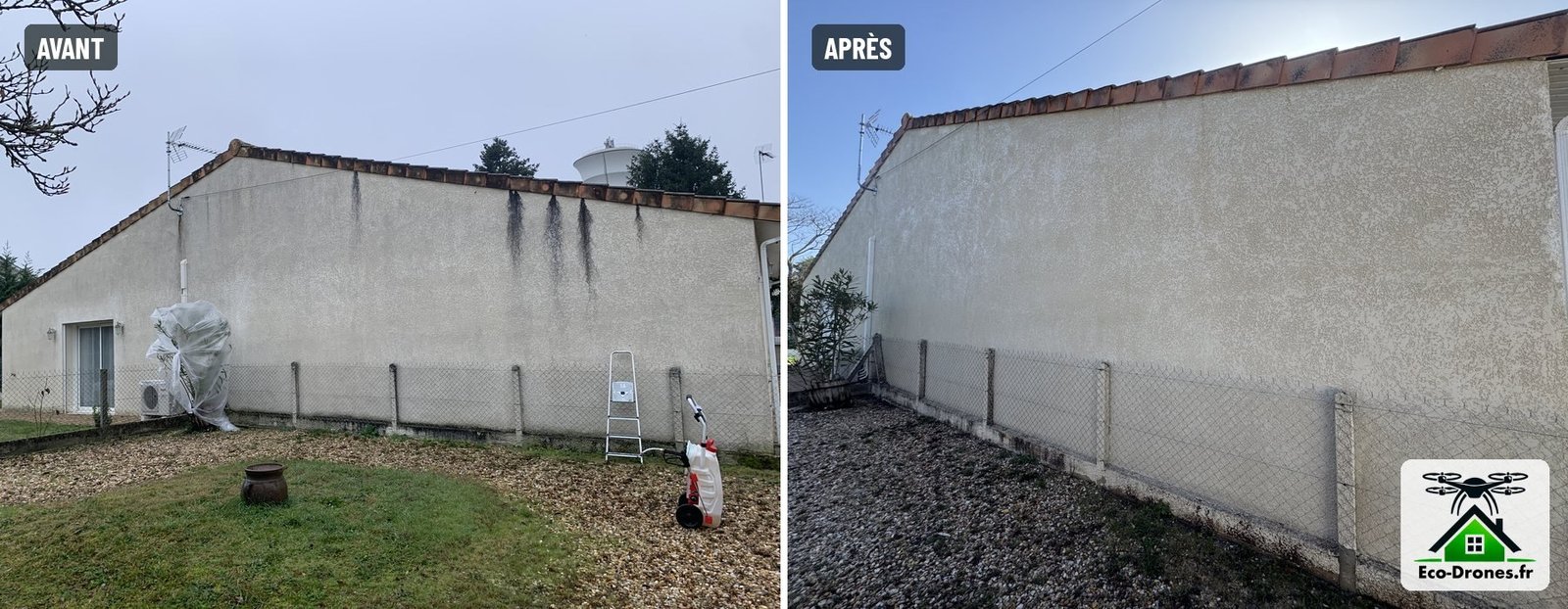 Avant / après : façade en crépi blanc avec coulures noires sous la toiture avant, façade propre après nettoyage – Eco Drones