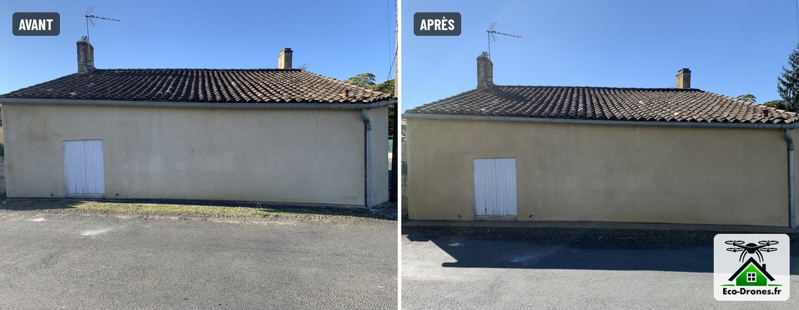 Avant / après : façade de maison en enduit clair, voile gris et traces d'humidité avant, façade propre après nettoyage – Eco Drones