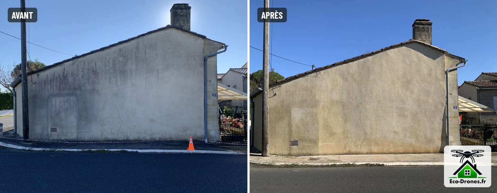 Avant / après : pignon de maison en enduit vu depuis la rue, coulures rouges et encrassement avant, enduit propre et uniforme après nettoyage – Eco Drones