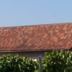 Maison en pierre avec grand pan de toiture en tuiles canal, photographiée depuis le jardin, le type de photo à apporter sur un salon de l'habitat