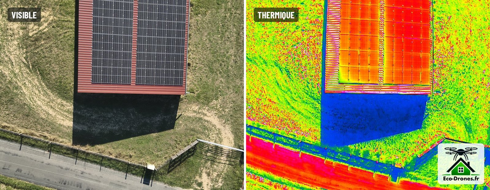 Vue aérienne par drone d'un hangar agricole équipé de panneaux photovoltaïques : image visible à gauche, image thermique à droite – Eco Drones